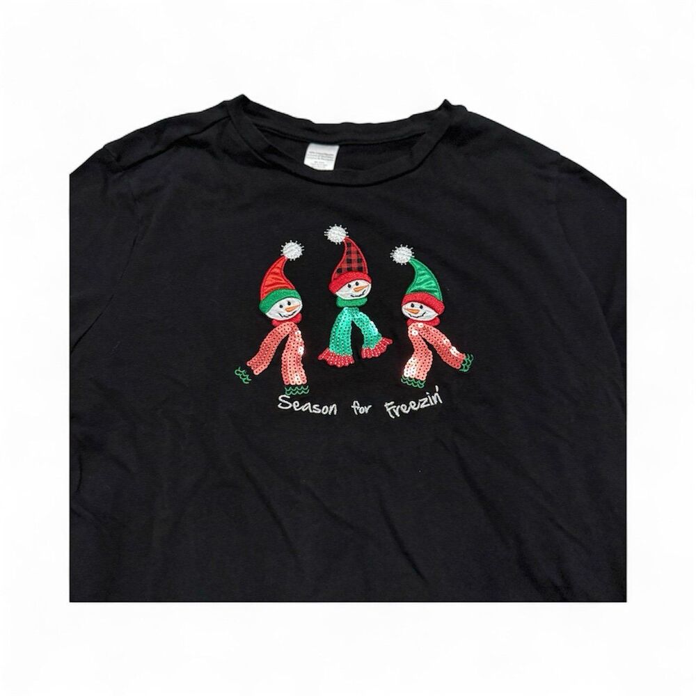NWOT Holiday Seasonal Snowman Long Sleeve Black T-shirt Girls Size Large (12-14)